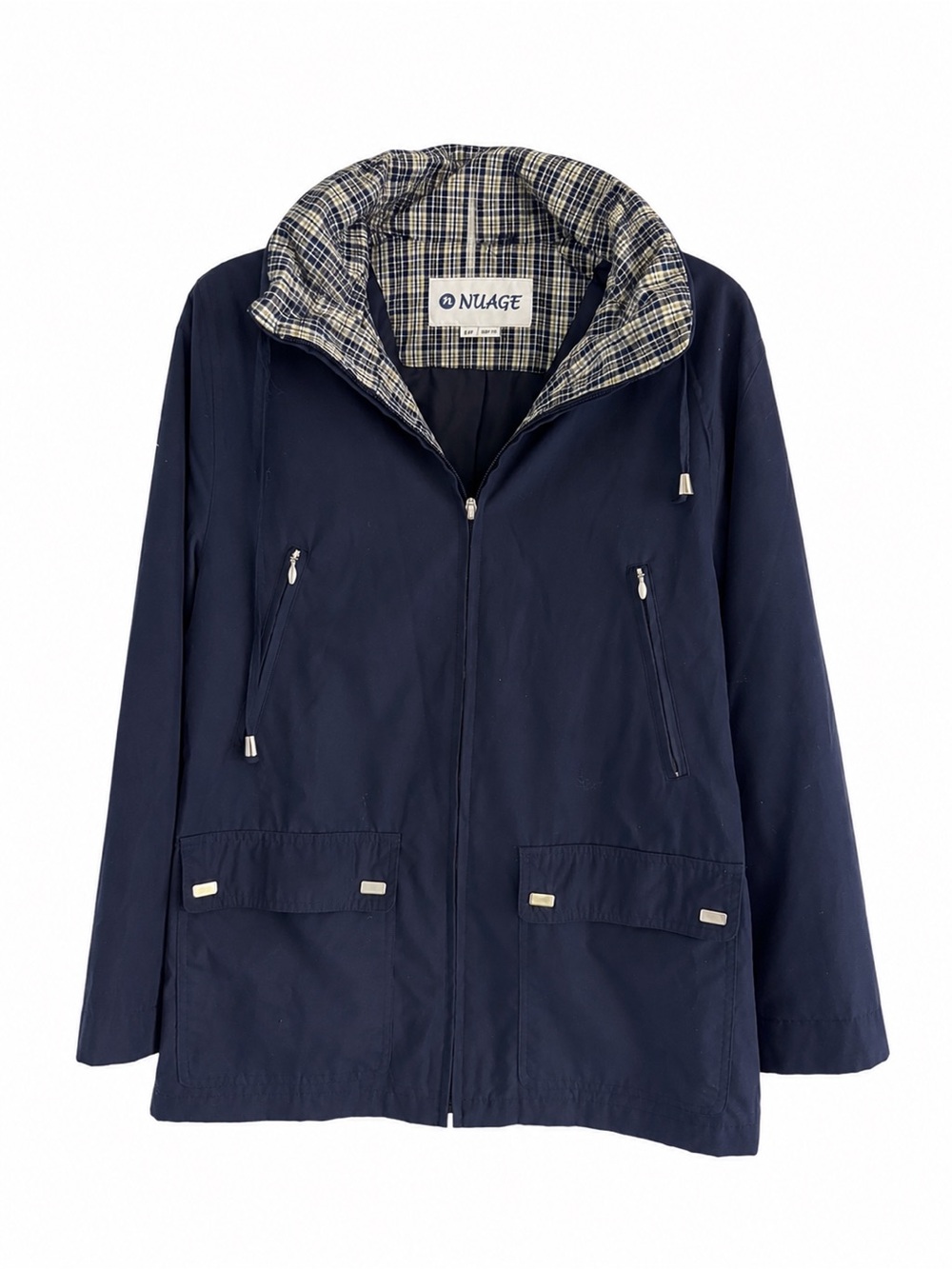 Nuage Navy French Brand Blue Plaid-Lined Short Trench fall jacket - Size Small
